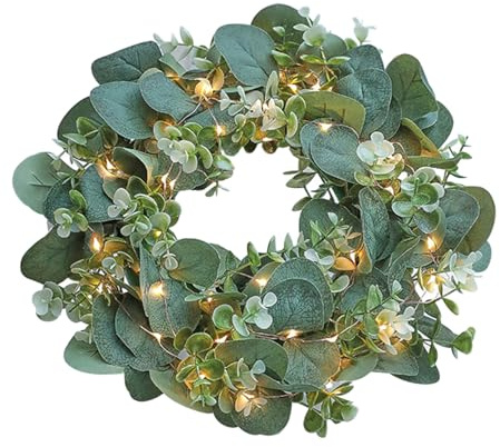 VALICLUD Eukalyptus Kranz Mit Beleuchtung Kranz Lichterkette Dekorative Girlande Für Tür Fenster Und Hochzeit Künstlicher Eukalyptuskranz 30.00 X 30.00 X 7.00 cm