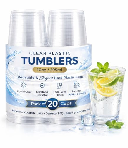eMKay® Pack of 20 – 10oz Clear Plastic Tumblers | Reusable Hard Plastic Cups for Cocktails, Juice & Desserts | Elegant Party Drinkware for Events, BBQs & Catering