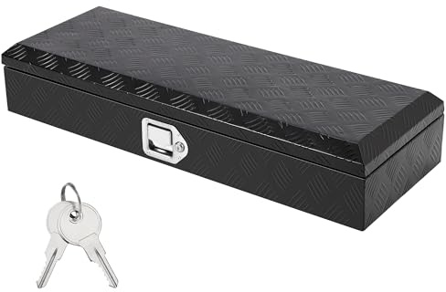 Aptliton Portable Heavy Duty Aluminum Truck Tool Box with Gas Strut & Sliding Divider, Waterproof Pickup Truck Bed Storage Box for Tools Equipment, Black Flat Box