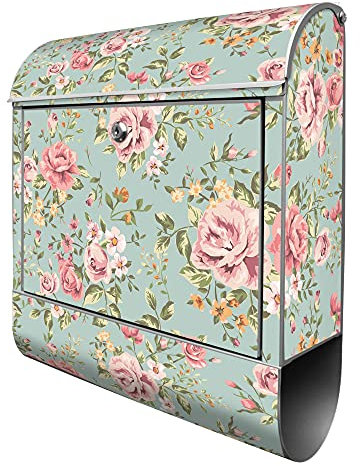 banjado® Design Briefkasten mit Altrosa Blume 38,5x46,5x13cm & 2 Schlüssel - Briefkasten Stahl Silber mit Zeitungsfach pulverbeschichtet - Postkasten A4 Einwurf inkl. Montagematerial