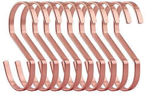 RuiLing 10-Pack 4 Inch Rose Gold Chrome Finish Steel Hanging Flat Hooks - S Shaped Hook Heavy-Duty S Hooks, for Kitchenware, Pots, Utensils, Plants, Towels, Gardening Tools, Clothes.
