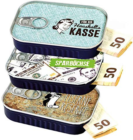 Geldgeschenke Verpackung Sardinendose Mix 3 Geld Geschenkverpackung für Reise, Umzug, Geburtstag oder als Geldgutschein | inkl Aufkleber für individuelle Botschaft | made by Scherzboutique