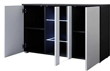 MB Muebles Bonitos | Sideboard | Wohzimmer Esszimmer Schrank Möbel | Breite 120 x Höhe 72 x Tiefe 45 cm | Glänzendes Melamin | 3 Türen | Modell mit 2cm Füßen | Schwarz mit Weiß | Modell Luke A1