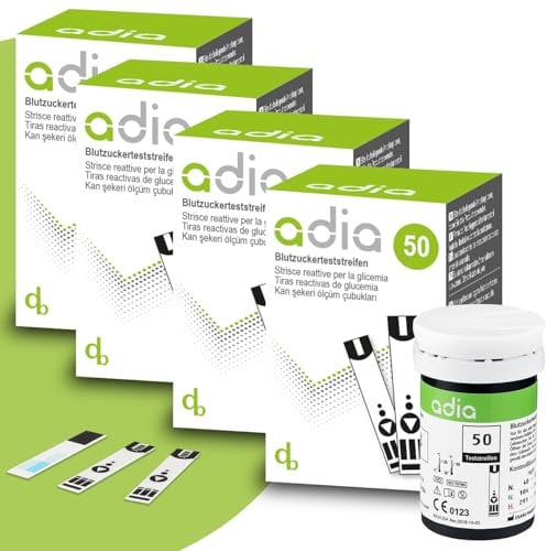 adia Blutzuckerteststreifen, 200 Stück, Vorteilspackung zur Blutzucker-Kontrolle bei Diabetes (Zucker-Krankheit), für das adia-Blutzuckermessgerät (hier nicht enthalten)