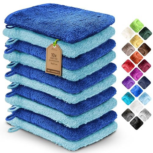 NatureMark 10x Waschhandschuhe aus Frottee 100% Baumwolle – Weich und Robust, Ideal für die tägliche Pflege und Gäste – Royal/Hellblau, 15x21 cm