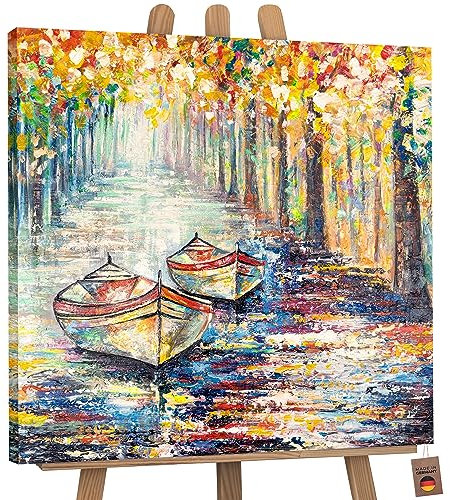YS-Art XXL Abstrakt Acryl Gemälde auf Leinwand Herbstlicher Anlegeplatz handgemalt Wandbilder Wohnzimmer modernes Design Bilder Natur echtes Kunstwerk 90x90 cm