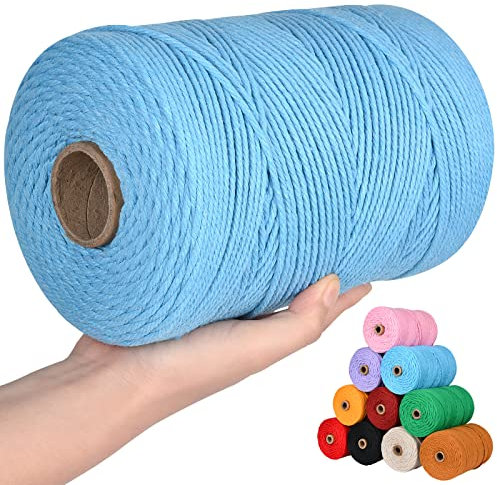 3 mm x 100 m Makramee-Kordel 100% natürliche Baumwolle, 4 Stränge gedrehtes Baumwollseil Makramee-Garn, buntes Baumwollseil für Pflanzenaufhänger, Wandbehang, DIY Basteln, Heimtextilien (Blau)