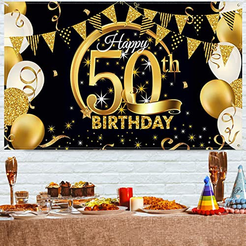 50. Geburtstagsfeier Dekorationen Banner, Hintergrund Banner Geburtstag, 50.Geburtstag Banner Schwarz Gold, Geburtstagsdeko Banner, wesentliche Dekoration für 50. Geburtstagsfeier(180 cmx 110cm)