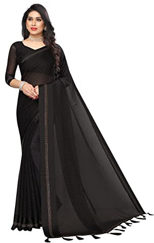 CRAFTSTRIBE Sari en mousseline de soie avec chemisier non cousu Vert bouteille, noir, Taille Unique