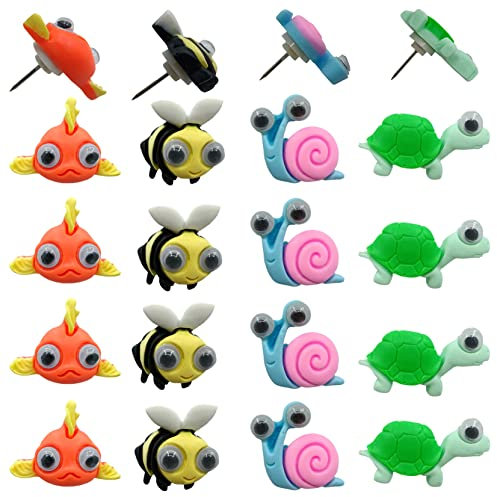 Afagarly Reißzwecken, 20 Stück kreative Daumennägel, gemischt, niedlich, Cartoon-Schildkröte, Schnecke, Karpfen, Biene, Reißzwecken für Korktafeln, Papier, Foto, Memo, Karte, Büro oder Heimdekoration