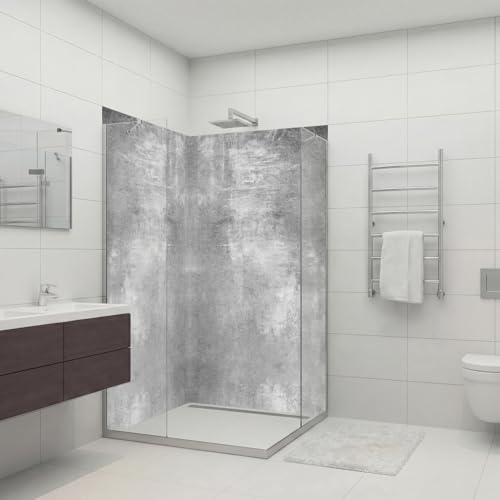dedeco 2tlg. Duschrückwand Beton V4, 90x200cm Alu 3mm Fliesenersatz | Wasserfeste Duschrückwand aus Alu-Verbundplatte – fugenloser Fliesenersatz ohne Bohren, pflegeleicht & Made in Germany