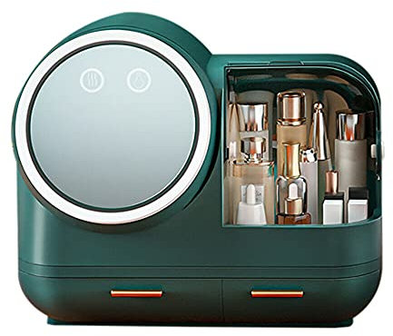 Organizzatore cosmetico, contenitore per trucchi con luce a LED e coperchio antipolvere, ricarica USB HD specchio beauty box per dresser bagno camera da letto, verde, No