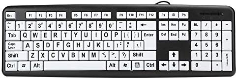 Großgedruckte Tastatur für Senioren, schwarz, Low Vision, kabelgebunden, USB, Seniorenkomfort mit weißen, groß gedruckten Tasten, visuell, schwarz, weiß, schwarzer Buchstabe, 104 Tasten, Low