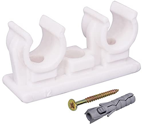 SKIR'CO (20 pcs) Double Pipe Clips, Plastic Clamps for 12 mm Pipes, U Type Pipe Clamp, Tubing White Clips, Hose Hangers