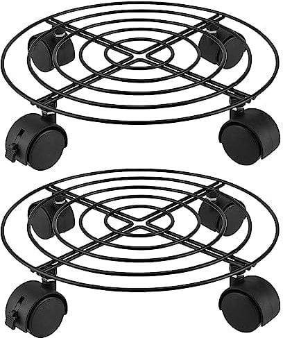 CHEUKYIU Lot de 2 supports de plantes ronds en métal avec roues de 27 cm de diamètre - Support de plantes en pot robuste pour l'intérieur et l'extérieur - Charge maximale : 50 kg - Noir