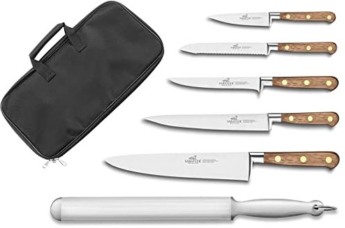 Sabatier - Mallette Cuisinier Chef Apprenti Périgord 5 Couteaux de Cuisine Manches Noyer + 1 Fusil à Aiguiser - Fabriqué en France