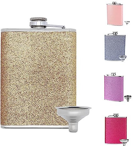 Hezhou Frauen Glitzer Mini Flachmann mit Trichter - Tragbarer Edelstahl Flachmann für Wandern, Klettern, Camping - 235ML (8Oz) (Gold)