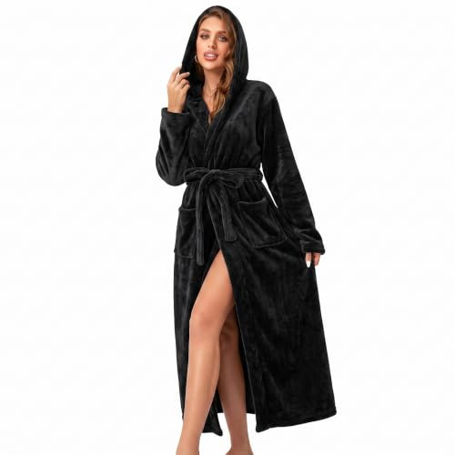 RONGTAI Langer Damen-Bademantel aus Plüsch-Fleece, dick, mit Kapuze, mit Taschen, flauschige Nachtwäsche für Herren