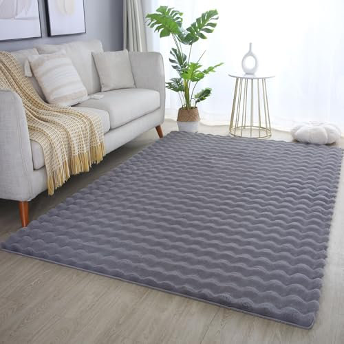 Carpetsale24 Teppich Läufer 80x250 cm Grau, Flauschiger Kunstfell Teppich in Felloptik mit Hoch-Tief Struktur & Bubble-Design, Super Weich, Plüschig für Wohnzimmer & Schlafzimmer