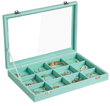 Frebeauty Schmucktablett aus Samt, 12 Fächer, Schmuck-Organizer mit transparentem Deckel, Armbandhalter, Schmuckvitrine mit Verschluss, Schubladeneinsatz, Armreif, Brosche, 35,8 x 24,1 x 5,1 cm