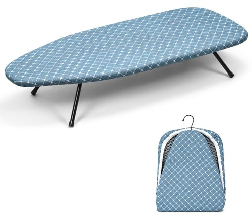 Duwee Petite planche à repasser pliante avec patin en feutre de 10 mm, peu encombrante, avec crochet, 31 x 76 cm, motif écossais bleu