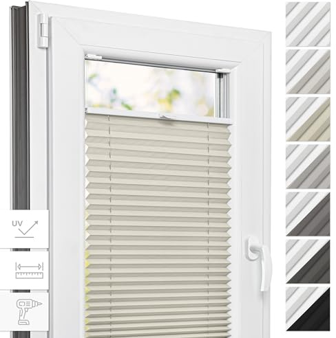 Estika Thermo-Plissee mit Bohren - 60 cm x 200 cm - Farbe: Cream - Plissee Blickdicht, Fensterrollos für innen, Verdunkelungsplissee, Rollos für Fenster