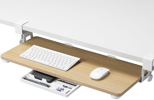 ETHU Under Desk Keyboard Tray, 68x30cm Ergonomic Pull-out Tray with C-Clamp Large Size Keyboard Tray Mount Easy to Install, Computer Keyboard Stand for Home and Office(Oak