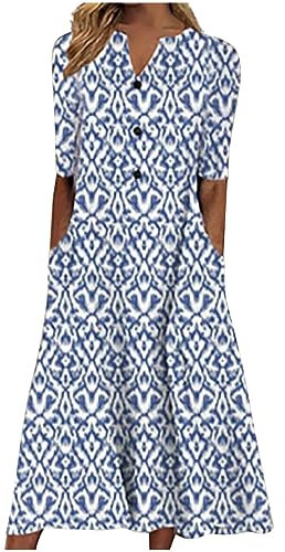 Women's Summer V-Neck Printed Mid-Calf Dress With Pockets and Buttons - Casual Loose Elegant Beach Work Dress - Sky Blue