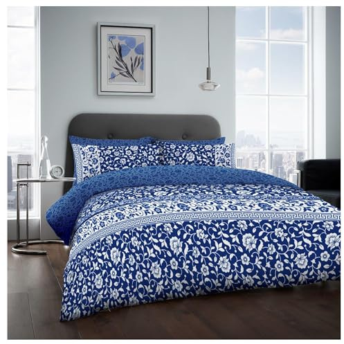 Lions Floral Bedding Set - 4 Piece King Size Bed Duvet Cover with Pillowcase Fitted Sheet, Soft Poly Cotton Reversible Quilt Covers, Navy Blue