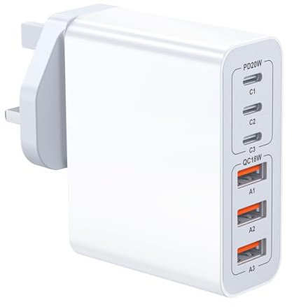 USB C Plug, 100W 6-Port Fast Charger Plug UK Dual Port PD Power Adapter +QC Multi Mains Wall Charger Type C Charging Plug for iPhone 16 15 14 13 12 11 Pro Max XS XR SE,Samsung, iPad, AirPods