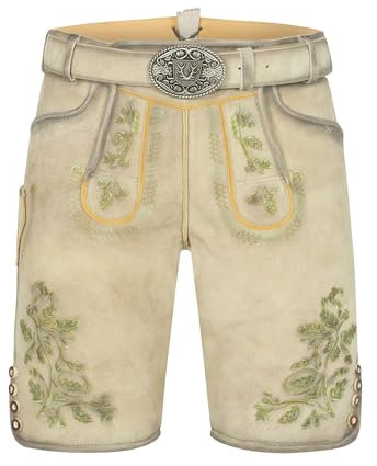 Krüger Herren Trachten Lederhose kurz, Modell: Arlo mit Gürtel, Knielang, braun, Art.-Nr. 961767-0-0071, 46,