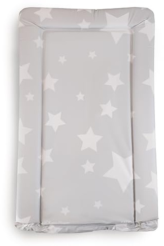 KATY Deluxe Baby Unisex Wickelunterlage mit erhöhten Kanten, wasserdicht, abwischbar, Hellgrau mit weißen Sternen