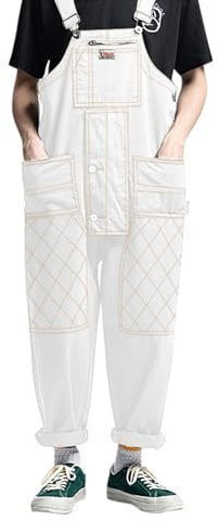 Gefomuofe Tuta cargo da uomo in stile retrò, pantaloni da lavoro con bretelle elasticizzate, pantaloni da lavoro da uomo con jeans elasticizzati, per il tempo libero, R bianco., XXL