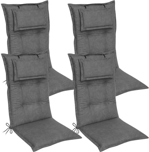 DILUMA Hochlehner Auflage Luxor 120x50 cm mit Kopfpolster Grau 4er Set - Luxus Stuhlauflage mit 8 cm Polsterung