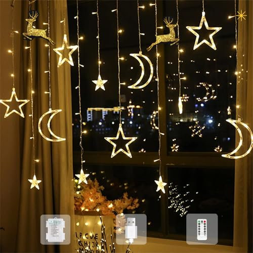 Woukksy LED Lichterkette für Weihnachtsdeko 2024 3.5m Stern Mond Lichtervorhang Batterie/USB mit Timer, Weihnachtsbeleuchtung Fenster Innen Aussen für Balkon, Party, Kinderzimmer Halloween Dekoration