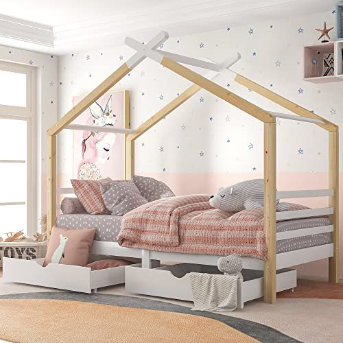 Merax Kids Single Bed Frames Toddler Beds Storage 3FT Single Bed with Storage Solid Pine Wood House Tree Canopy Bed for Children Girls and Boys(Wood)