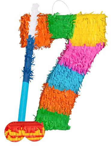 Fax Potato Nummer 7-Piñata-Set mit Stab und Augenbinde - Blauer Stick - Mexikaner Kinder Mädchen Jungen Geburtstagsfeier Parteien Spiele Dekorationen Bausatz