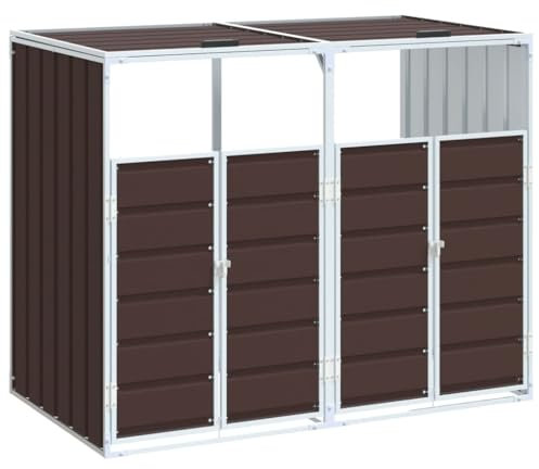 vidaXL Wheelie Bin Storage - Double Bin Trash Cover for Garden, Brown Steel, 144x81x113 cm, Fits 240L Bins