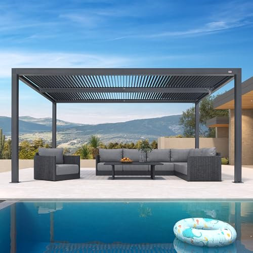 PURPLE LEAF Pergola 3 x 4.8 m Wasserdicht Stabil Winterfest Alu Pergola mit Lamellendach Lamellenpergola Verstellbaren Alu-Lamellen Terrassenüberdachung für Garten, Grau