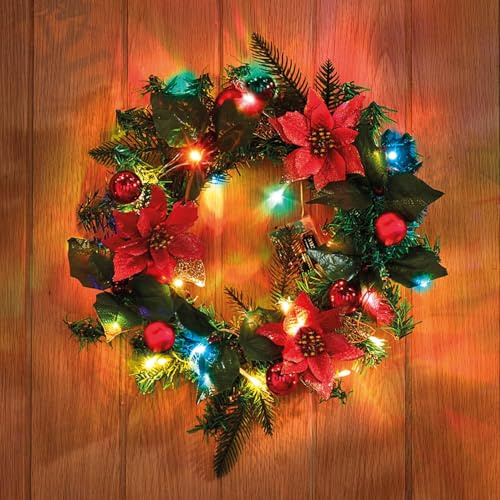Coopers of Stortford - Poinsettia & Bauble Christmas Wreath with Colour-Changing LED Lights, Faux Holly, Evergreen and Baubles, Indoor or Outdoor Battery-Operated Decoration 40cm