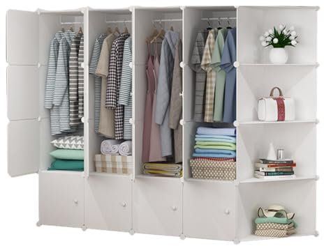 MAGIC SELECT Armario Modular. Estantería Blanca de Módulos, Organizador de Ropa Modular. Ropero para Hogar. Estante de Almacenamiento para Dormitorio, 20 Módulos, 3 Barras (185x140cm)