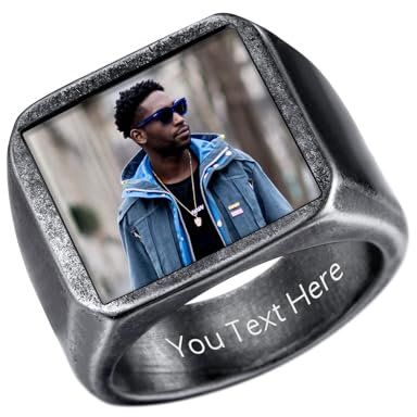 U7 Ring Personalisiert Quadrat Siegelring mit Fotogravur Männer Ring mit Foto Vintage Ringe Gravur Herren Statement Ring Men Fotoringe Edelstahl Bandring Memorial Fingerring Modeschmuck für Bruder