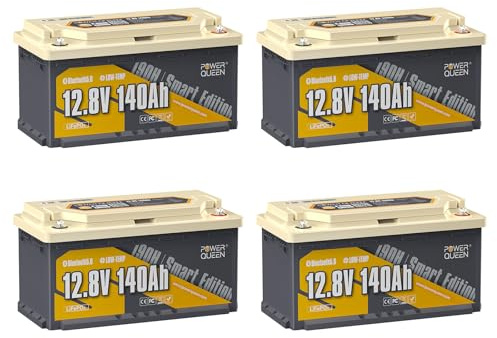 Power Queen LiFePO4 12V 140Ah H190 Bluetooth Batterie 4Pack für Wohnmobil | 150A BMS, Kältebeständig, 4000+ Zyklen, für RV, Boot, Solarenergie