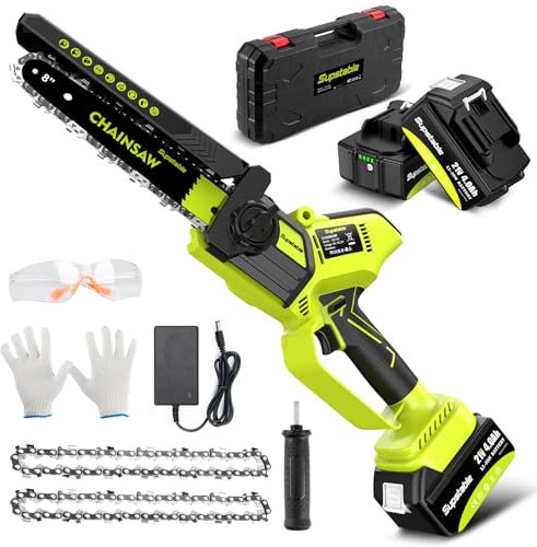 Supstable Mini Tronconneuse à Batterie 6 Pouces, Élagueuse Sans Fil pour Branches et Jardin, 2 Batteries 2Ah et Chargeur, petite Scie à Chaîne Rechargeable, Élagage de Branches et Coupe de Bois
