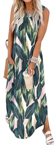 Chicrise Sommerkleid Damen Lang Maxi Strandkleid Ärmellos v Ausschnitt maxikleid mit Taschen Mehrfarbig Groß 42-44