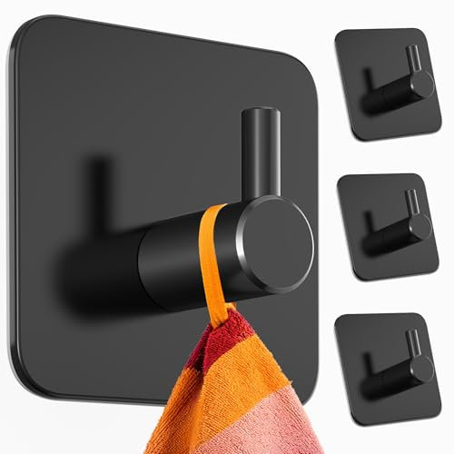 Menz Handtuchhaken ohne Bohren, 4er Pack – Extra starke Handtuchhalter ohne Bohren, Klebehaken Edelstahl, Haken selbstklebend mit wasserfesten Klebepads, Badezimmer Handtuchhalter, Fb. Schwarz