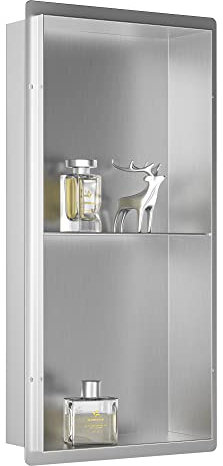 Bernkot Nicchia doccia in acciaio inossidabile, 30 x 60 cm, non necessita di piastrelle a parete, doppi ripiani, mensola da incasso per doccia per bagno, sapone, shampoo, spazzolato