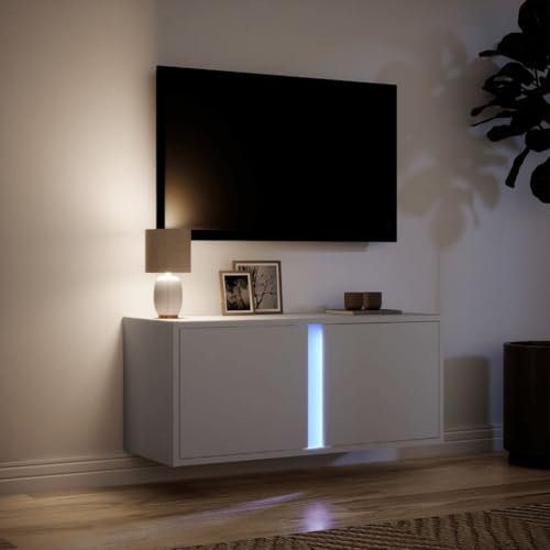 Canditree 80 cm Floating TV Cabinet with LED Lights, Floating TV Stand with 2 Doors, Floating TV Shelf Wall Mounted Entertainment Center (White)