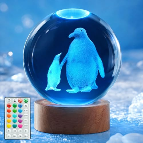 POSSHE Pinguine Kristallkugel, Pinguine Lampe, Nachtlicht Kinderzimmer Niedliche Zimmerdekoration, Mit Fernbedienung, 16 Farben, Dimmbar, Geschenk für Pinguineliebhaber