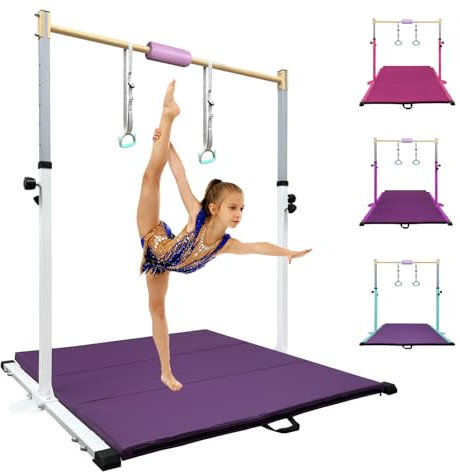 HomeSun Gymnastikstange für Kinder Robuste Kip Bar mit Ringen horizontale Turnreck für Heimtraining Höhenverstellbar 90-150cm Trainingsgerät bis 100 kg Alter 3-15 (Weiß mit Matte, Weiß)